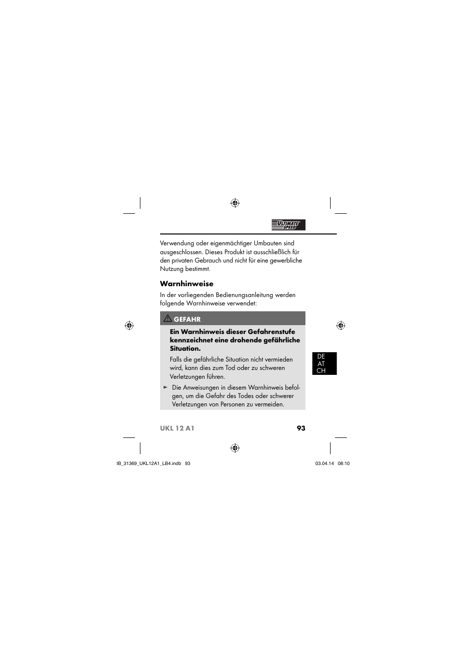 Warnhinweise | Ultimate Speed UKL 12 A1 User Manual | Page 96 / 110