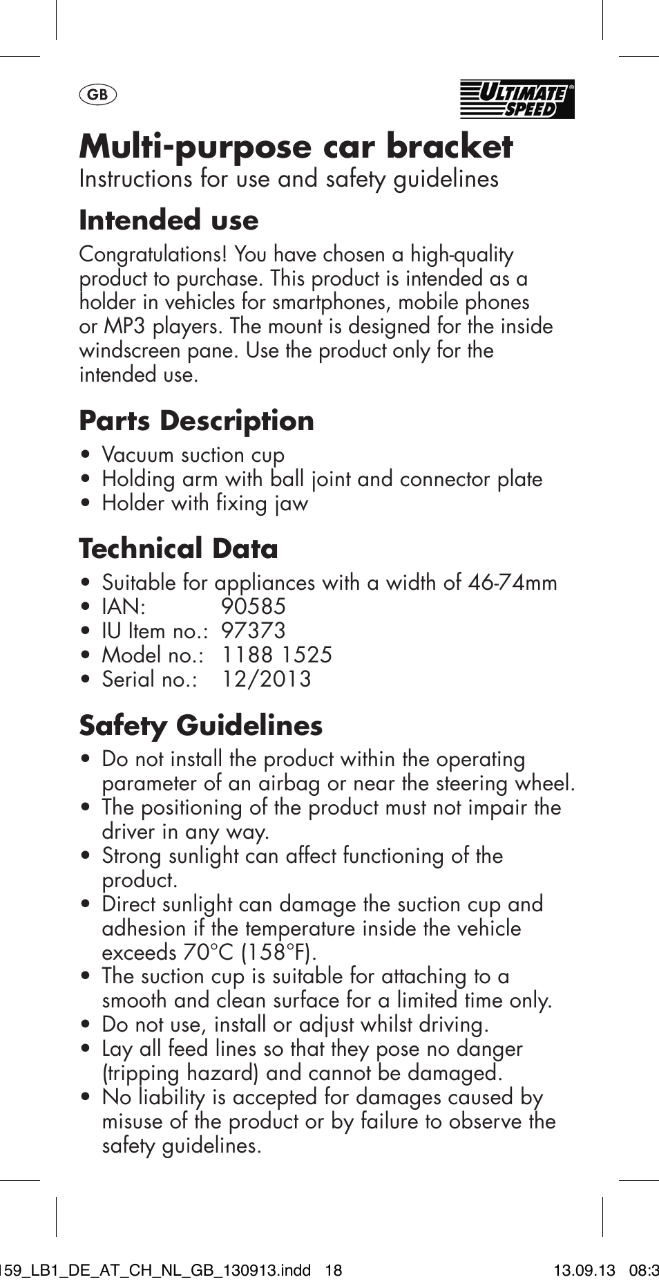 Multi-purpose car bracket, Intended use, Parts description | Technical data, Safety guidelines | Ultimate Speed MULTI-PURPOSE CAR BRACKET User Manual | Page 18 / 22