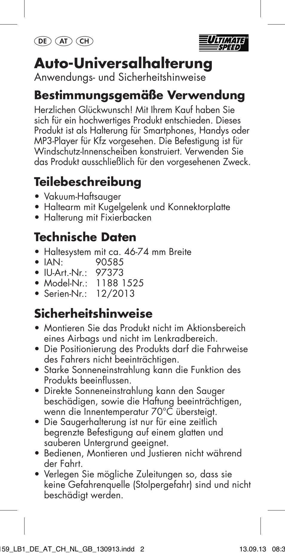 Auto-universalhalterung, Bestimmungsgemäße verwendung, Teilebeschreibung | Technische daten, Sicherheitshinweise | Ultimate Speed MULTI-PURPOSE CAR BRACKET User Manual | Page 2 / 22