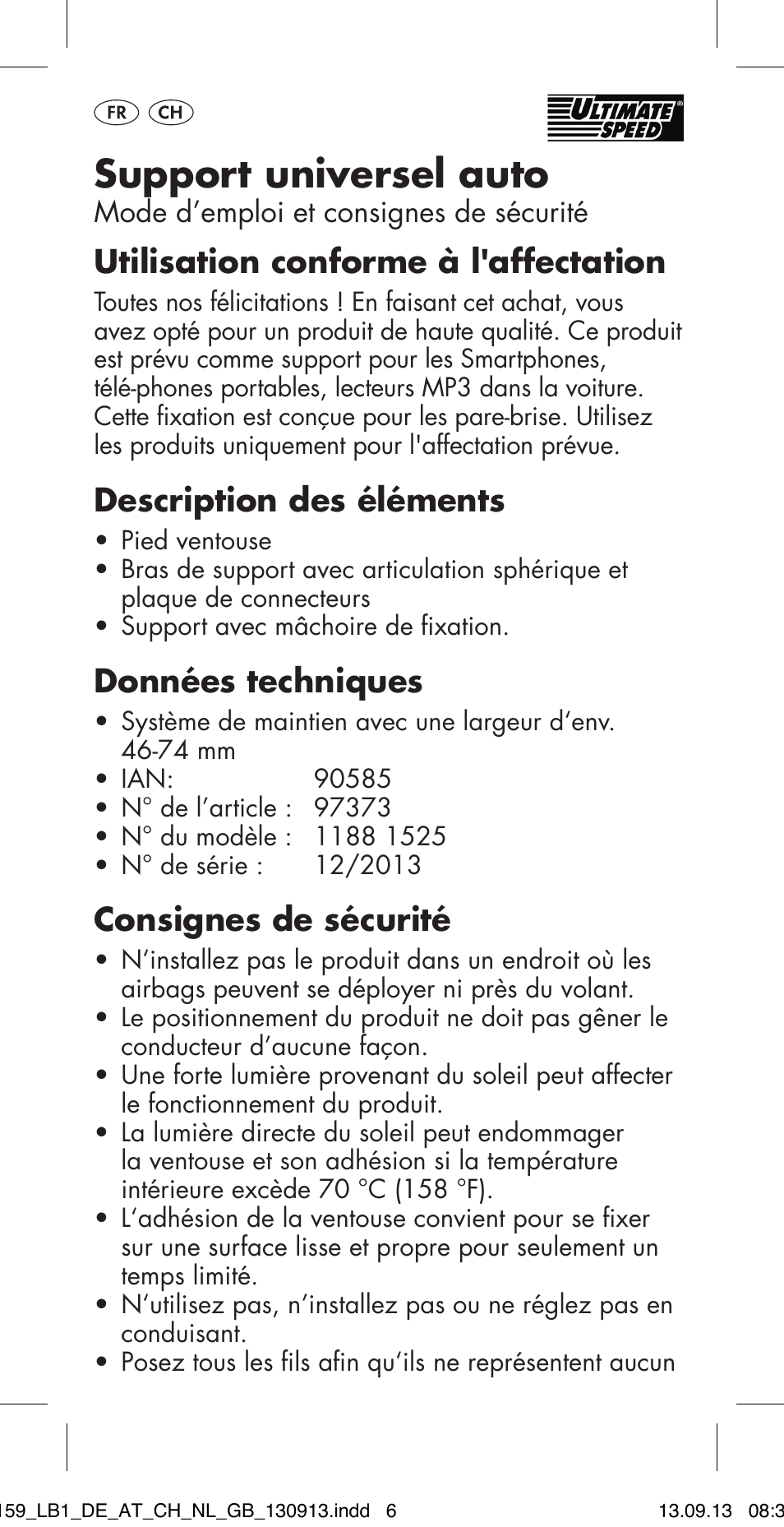 Support universel auto, Utilisation conforme à l'affectation, Description des éléments | Données techniques, Consignes de sécurité | Ultimate Speed MULTI-PURPOSE CAR BRACKET User Manual | Page 6 / 22