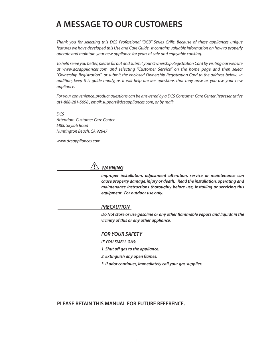 A message to our customers | DCS BGB36-BQAR User Manual | Page 2 / 42