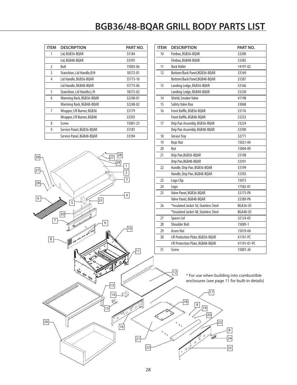 Bgb36/48-bqar grill body parts list | DCS BGB36-BQAR User Manual | Page 29 / 42