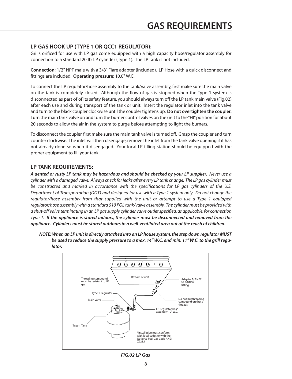 Gas requirements, Lp gas hook up (type 1 or qcc1 regulator), Lp tank requirements | DCS BGB36-BQAR User Manual | Page 9 / 42