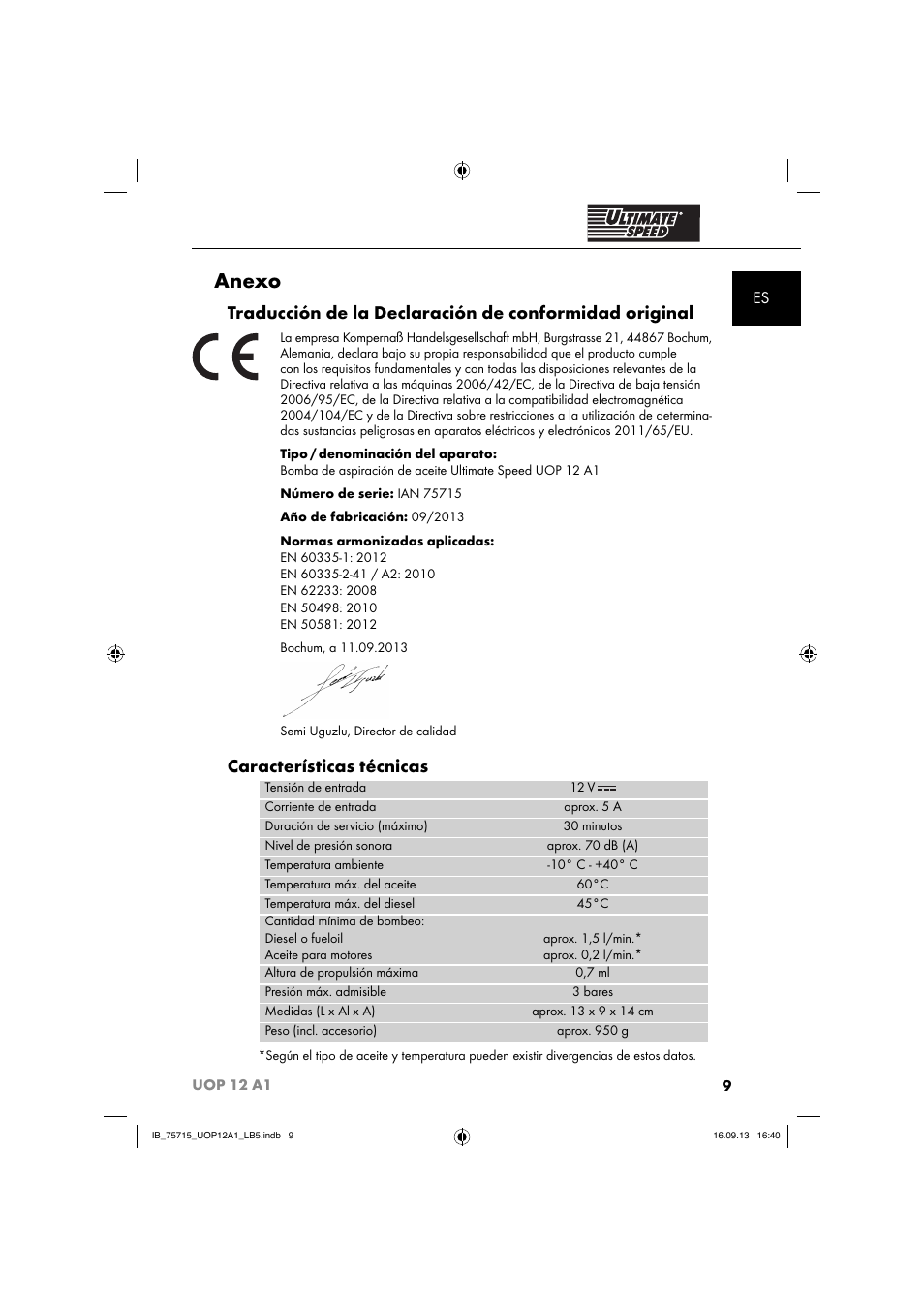 Anexo, Características técnicas | Ultimate Speed UOP 12 A1 User Manual | Page 12 / 44