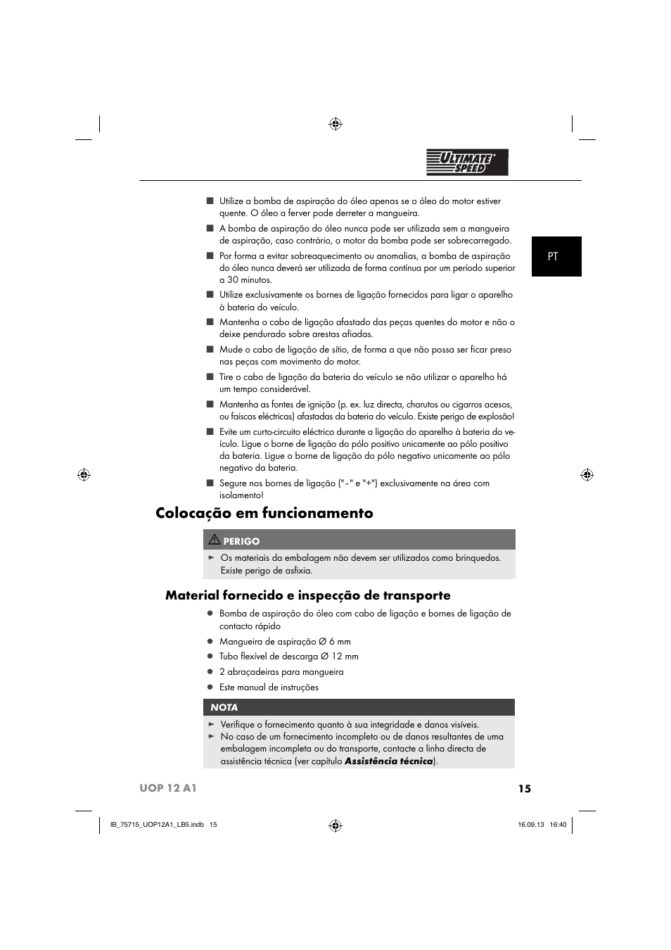 Colocação em funcionamento, Material fornecido e inspecção de transporte | Ultimate Speed UOP 12 A1 User Manual | Page 18 / 44