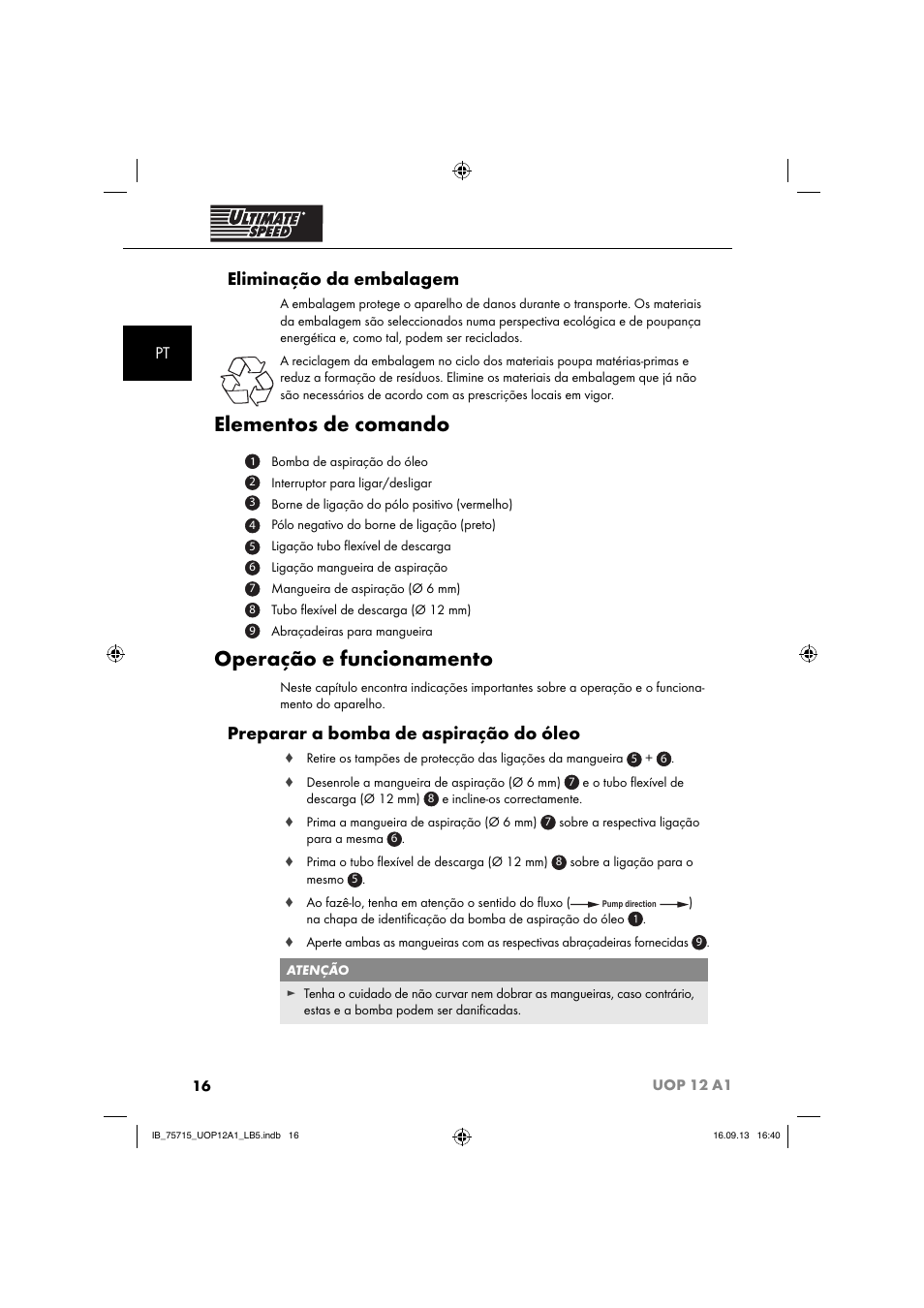 Elementos de comando, Operação e funcionamento, Eliminação da embalagem | Preparar a bomba de aspiração do óleo | Ultimate Speed UOP 12 A1 User Manual | Page 19 / 44