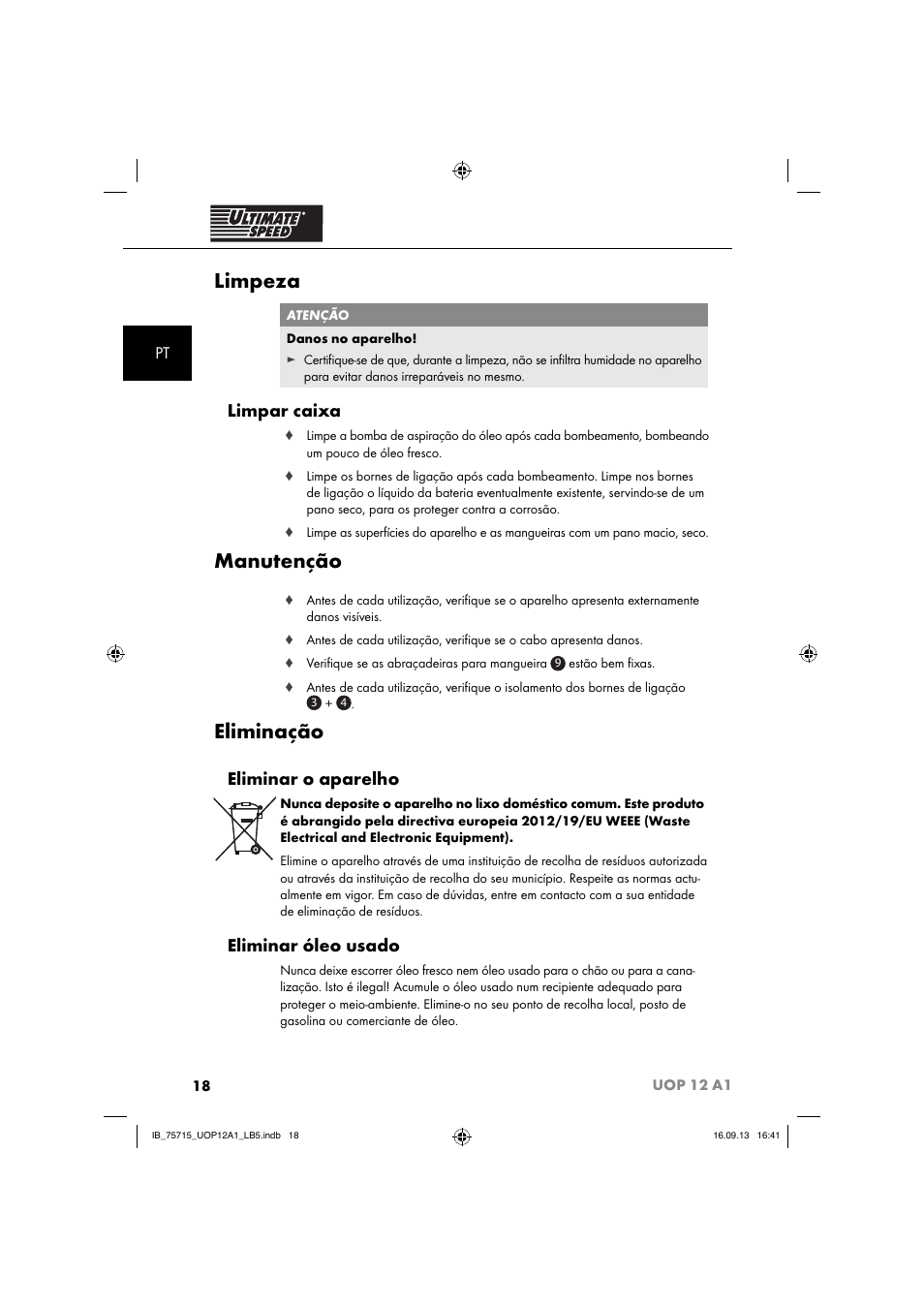 Limpeza, Manutenção, Eliminação | Limpar caixa, Eliminar o aparelho, Eliminar óleo usado | Ultimate Speed UOP 12 A1 User Manual | Page 21 / 44