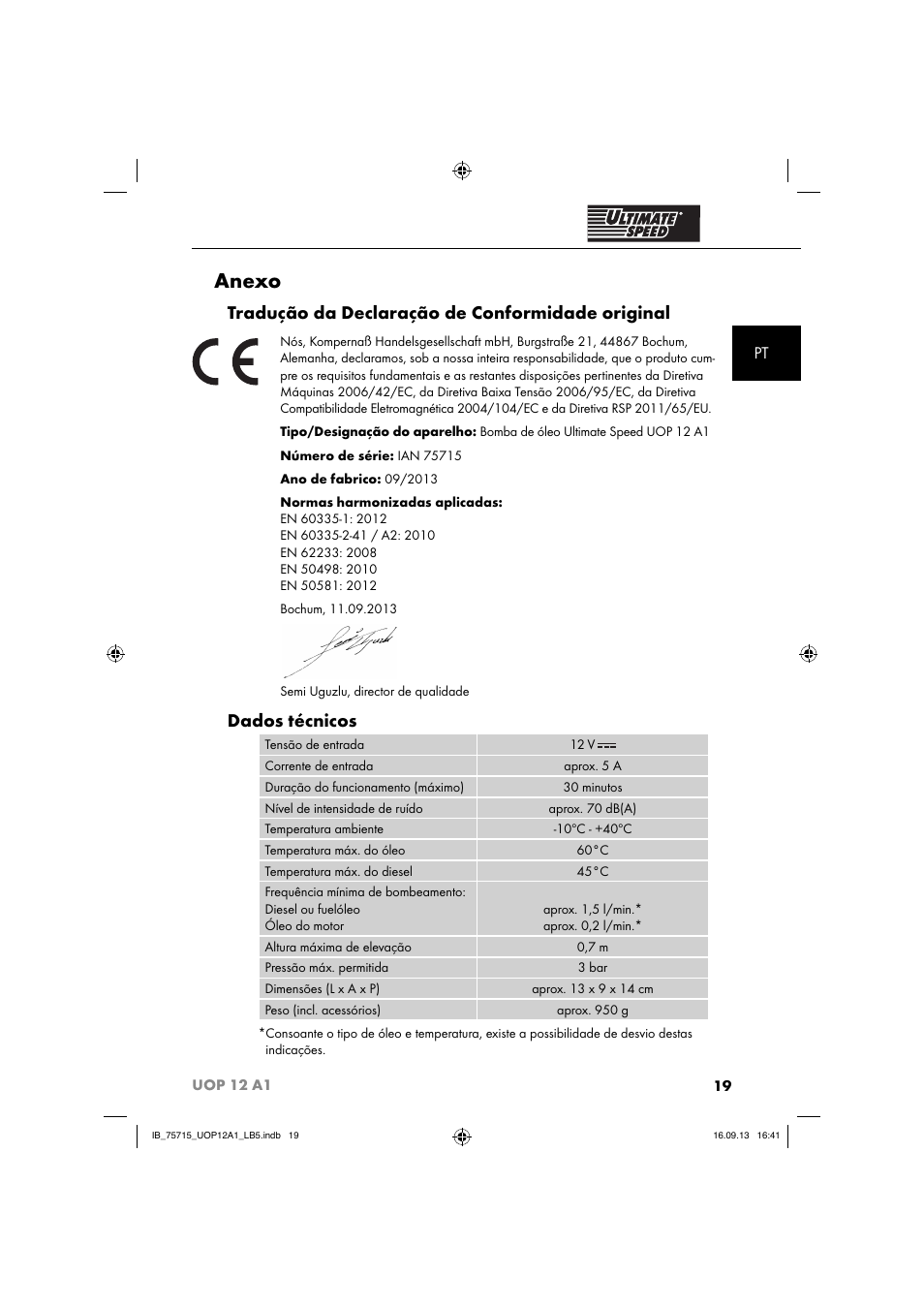 Anexo, Tradução da declaração de conformidade original, Dados técnicos | Ultimate Speed UOP 12 A1 User Manual | Page 22 / 44