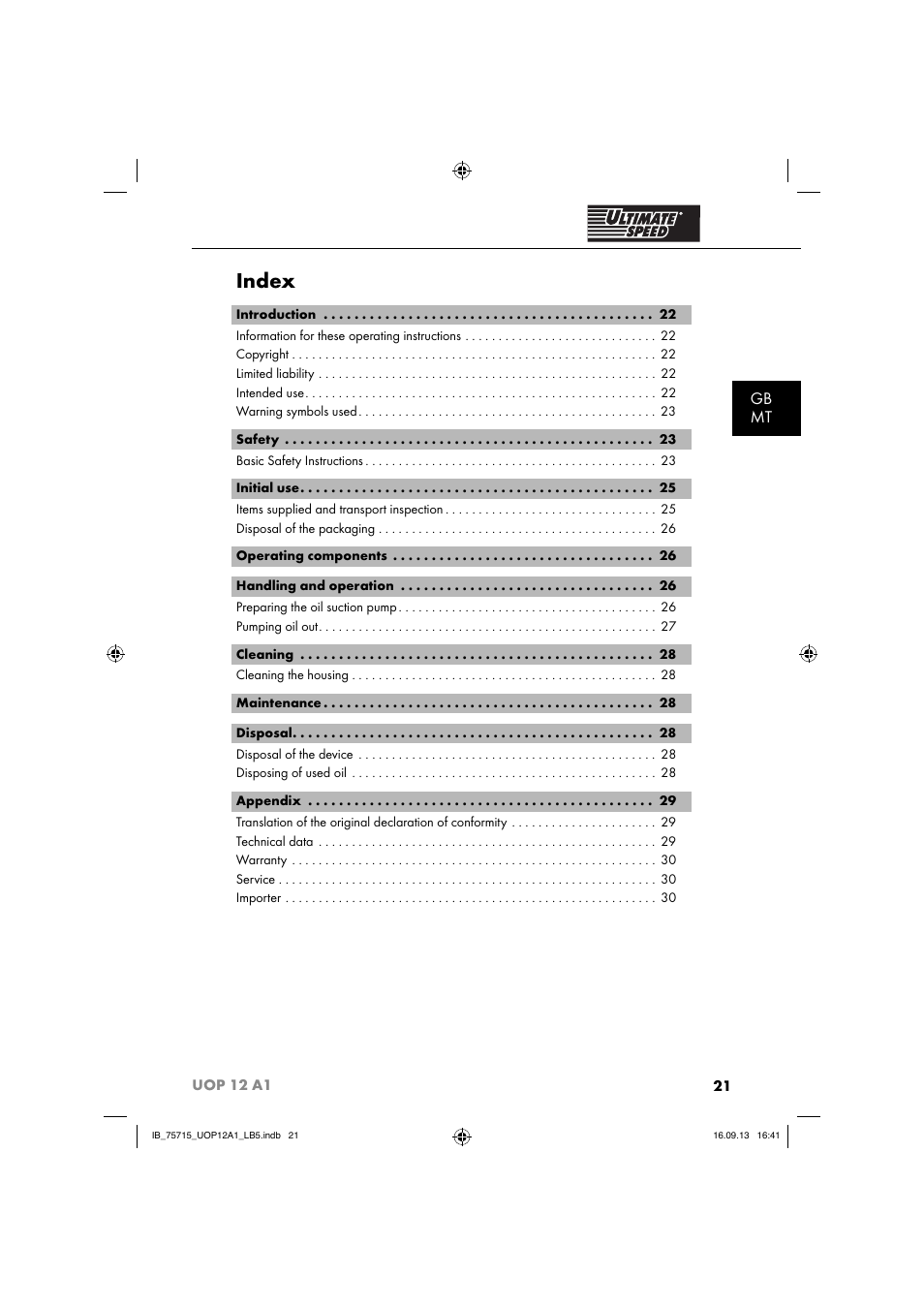 Index, Gb mt | Ultimate Speed UOP 12 A1 User Manual | Page 24 / 44