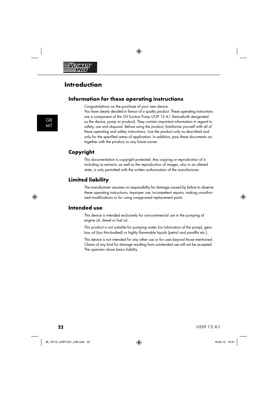 Introduction, Information for these operating instructions, Copyright | Limited liability, Intended use, Gb mt | Ultimate Speed UOP 12 A1 User Manual | Page 25 / 44