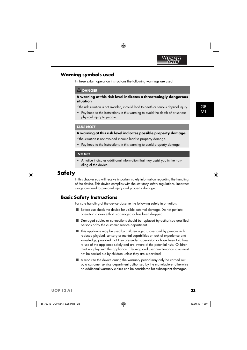 Safety, Warning symbols used, Basic safety instructions | Gb mt | Ultimate Speed UOP 12 A1 User Manual | Page 26 / 44