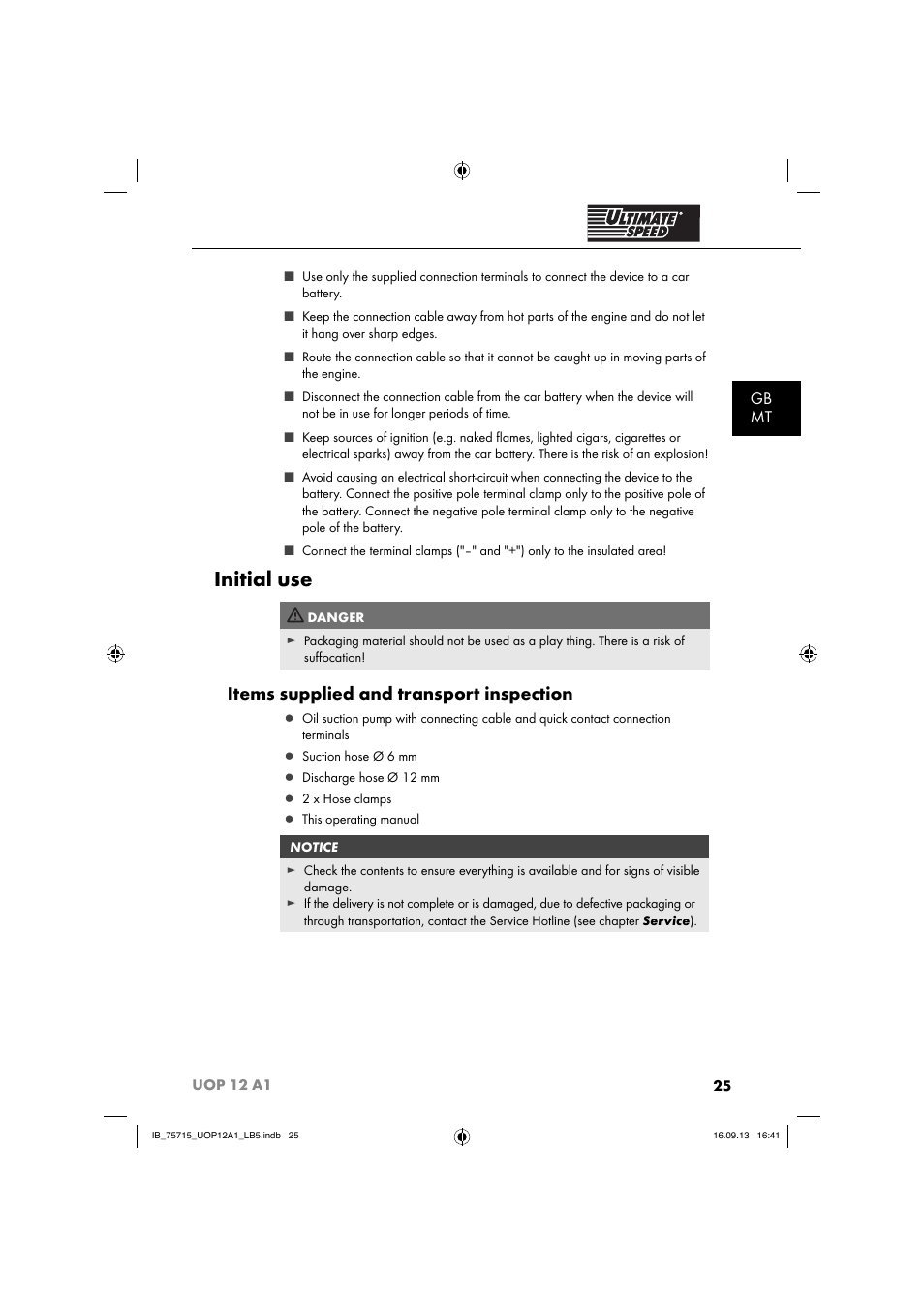 Initial use, Items supplied and transport inspection, Gb mt | Ultimate Speed UOP 12 A1 User Manual | Page 28 / 44