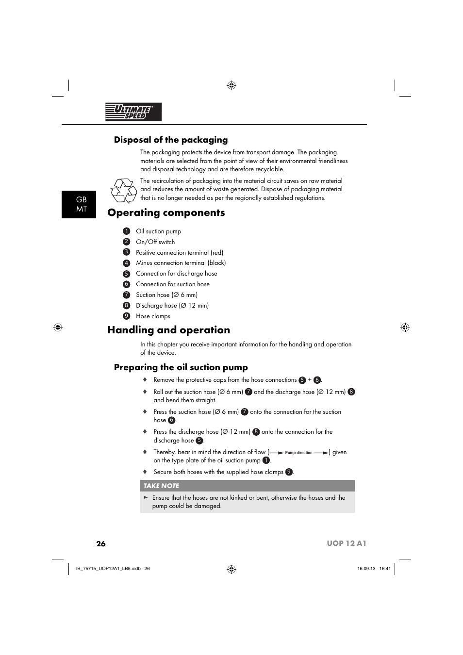 Operating components, Handling and operation, Disposal of the packaging | Preparing the oil suction pump, Gb mt | Ultimate Speed UOP 12 A1 User Manual | Page 29 / 44