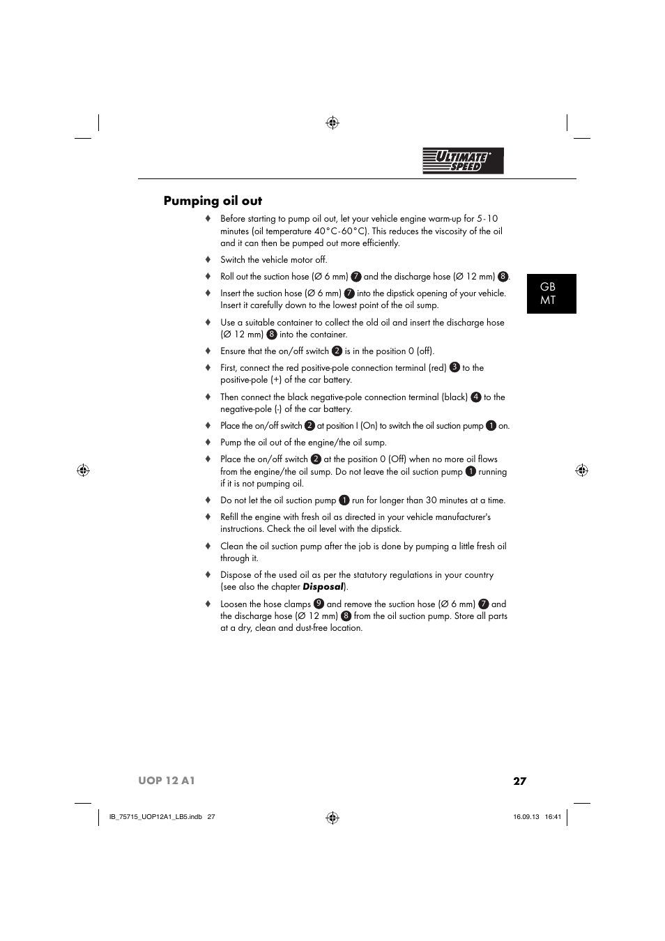 Pumping oil out, Gb mt | Ultimate Speed UOP 12 A1 User Manual | Page 30 / 44