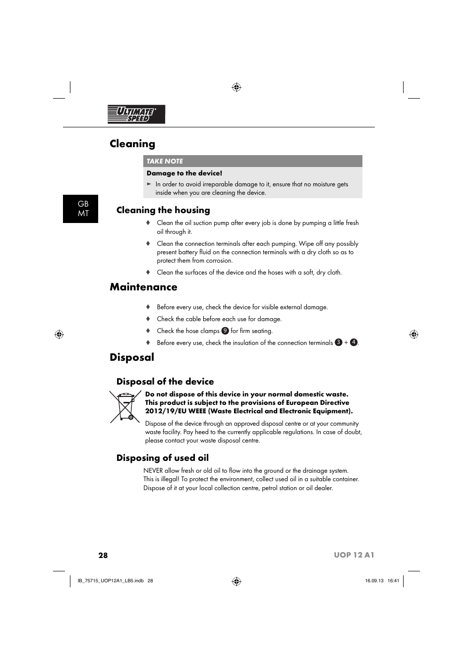 Cleaning, Maintenance, Disposal | Cleaning the housing, Disposal of the device, Disposing of used oil, Gb mt | Ultimate Speed UOP 12 A1 User Manual | Page 31 / 44