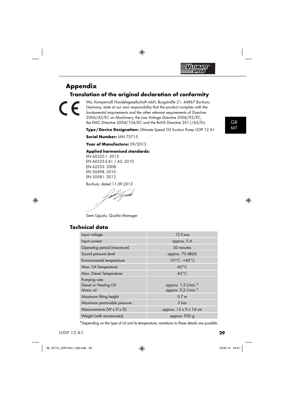 Appendix, Technical data, Gb mt | Ultimate Speed UOP 12 A1 User Manual | Page 32 / 44