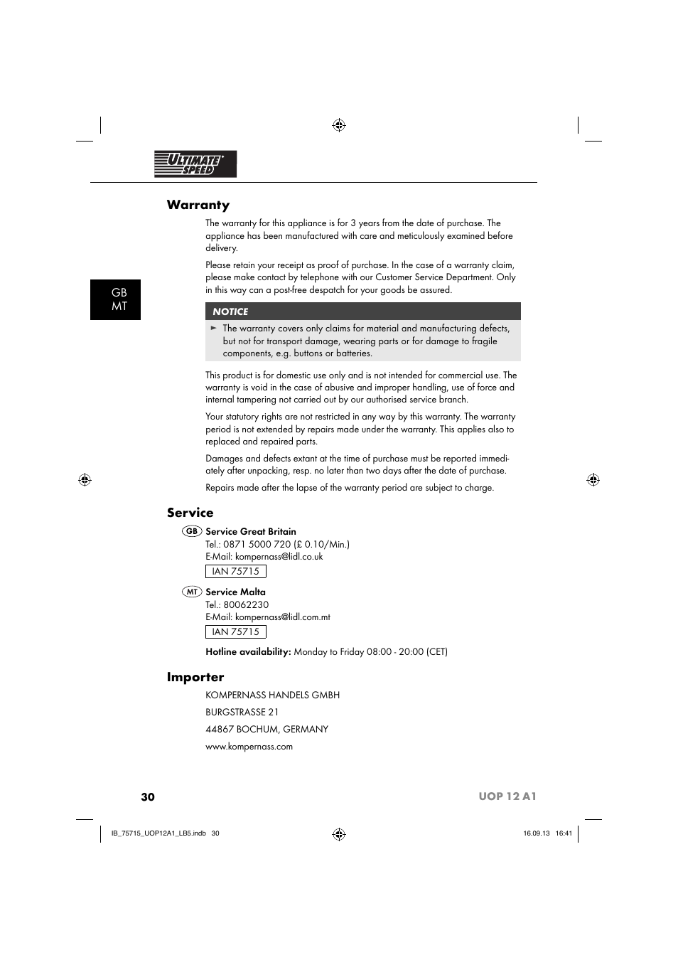 Warranty, Service, Importer | Gb mt | Ultimate Speed UOP 12 A1 User Manual | Page 33 / 44