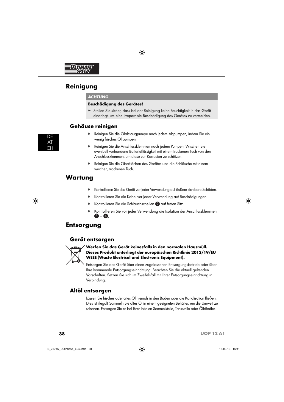 Reinigung, Wartung, Entsorgung | Gehäuse reinigen, Gerät entsorgen, Altöl entsorgen, De at ch | Ultimate Speed UOP 12 A1 User Manual | Page 41 / 44