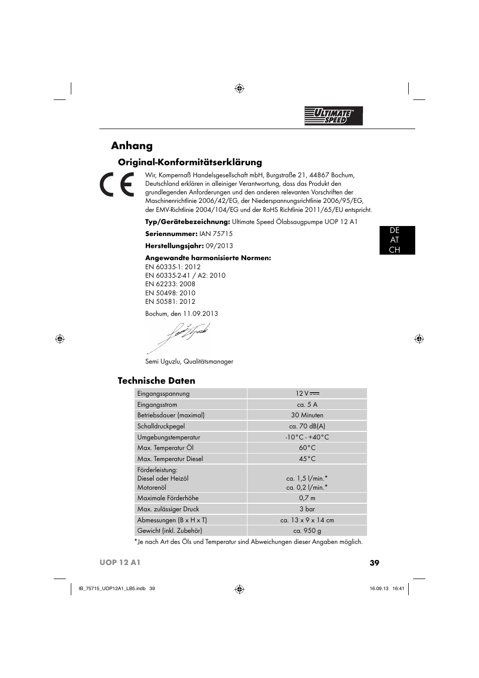 Anhang, Original-konformitätserklärung, Technische daten | De at ch | Ultimate Speed UOP 12 A1 User Manual | Page 42 / 44