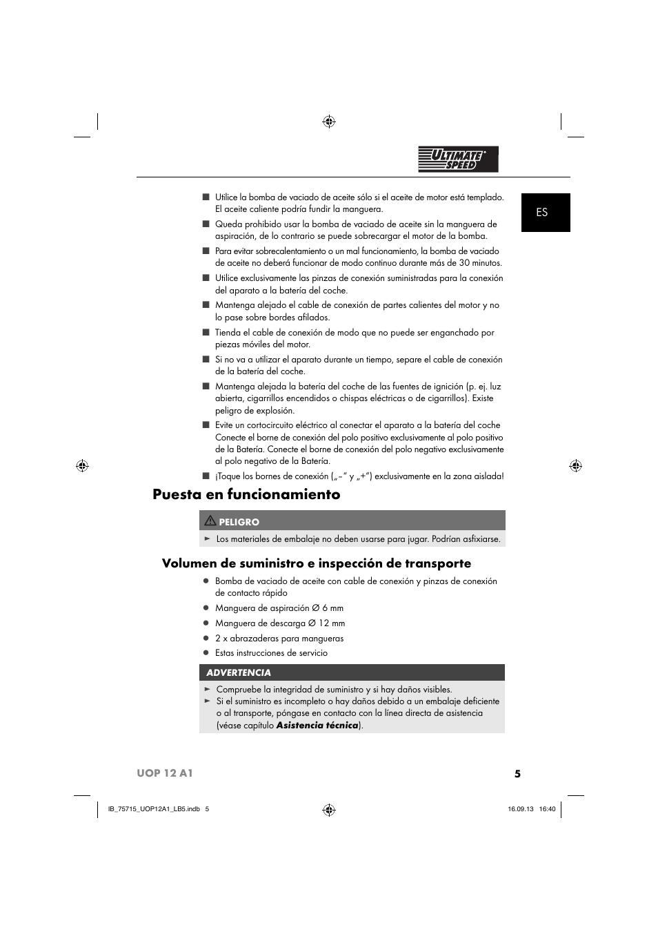 Puesta en funcionamiento, Volumen de suministro e inspección de transporte | Ultimate Speed UOP 12 A1 User Manual | Page 8 / 44
