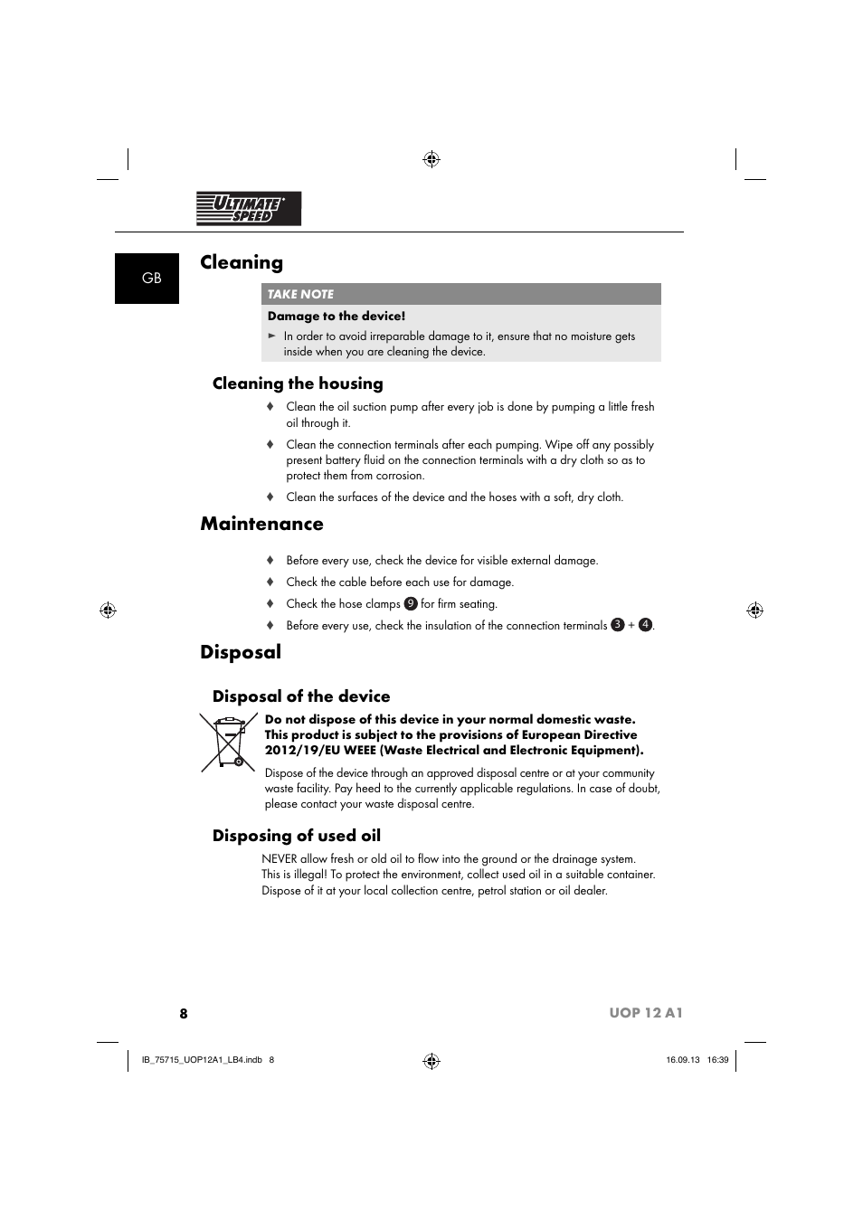 Cleaning, Maintenance, Disposal | Cleaning the housing, Disposal of the device, Disposing of used oil | Ultimate Speed UOP 12 A1 User Manual | Page 11 / 44