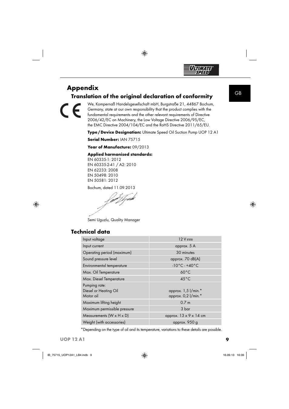 Appendix, Technical data | Ultimate Speed UOP 12 A1 User Manual | Page 12 / 44