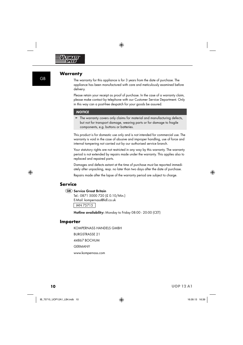 Warranty, Service, Importer | Ultimate Speed UOP 12 A1 User Manual | Page 13 / 44
