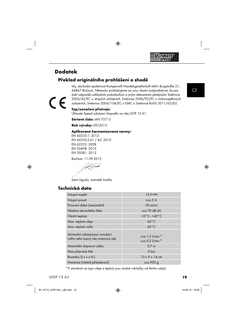 Dodatek, Překlad originálního prohlášení o shodě, Technická data | Ultimate Speed UOP 12 A1 User Manual | Page 22 / 44