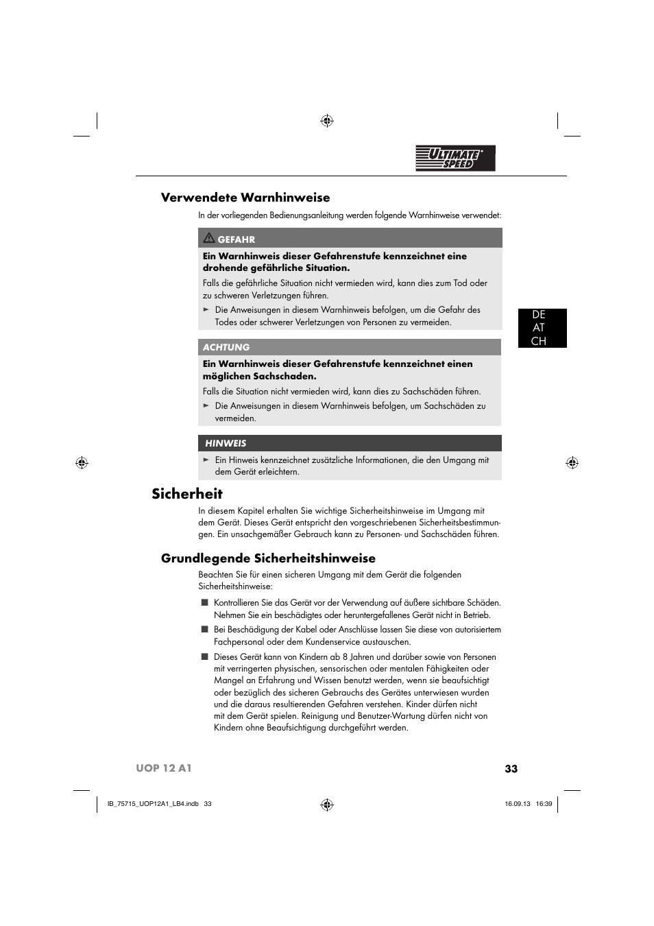 Sicherheit, Verwendete warnhinweise, Grundlegende sicherheitshinweise | De at ch | Ultimate Speed UOP 12 A1 User Manual | Page 36 / 44