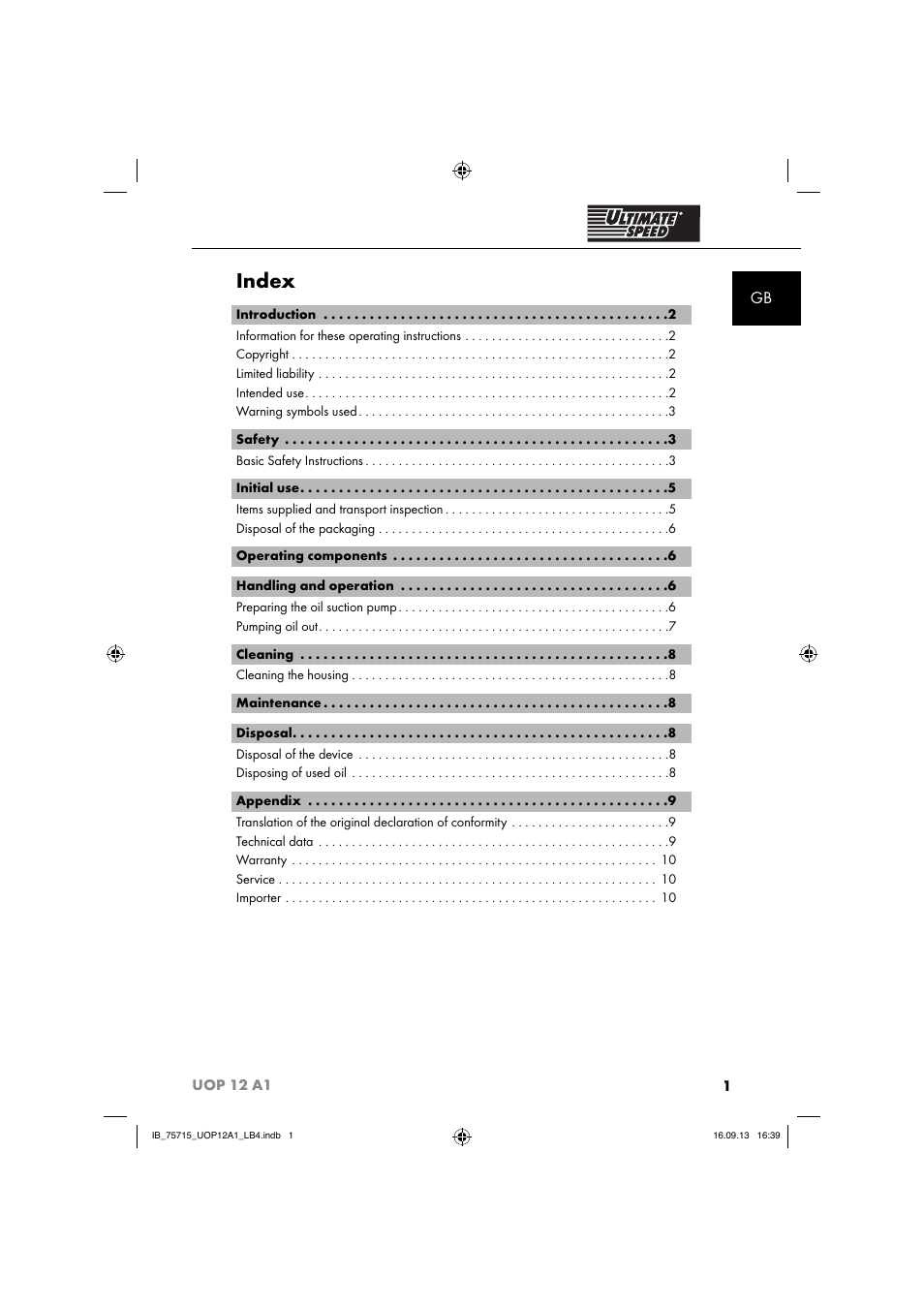 Index | Ultimate Speed UOP 12 A1 User Manual | Page 4 / 44