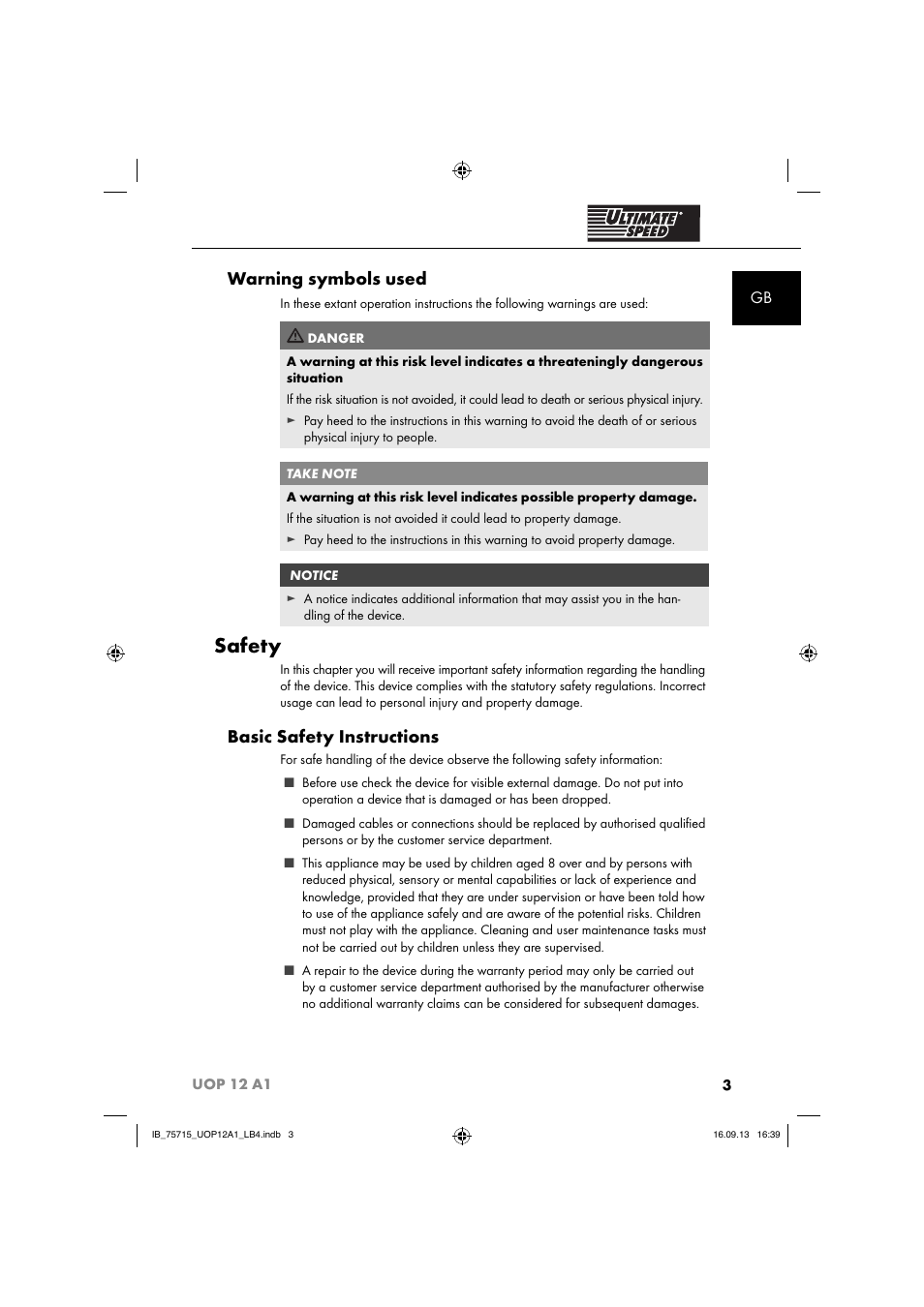 Safety, Warning symbols used, Basic safety instructions | Ultimate Speed UOP 12 A1 User Manual | Page 6 / 44