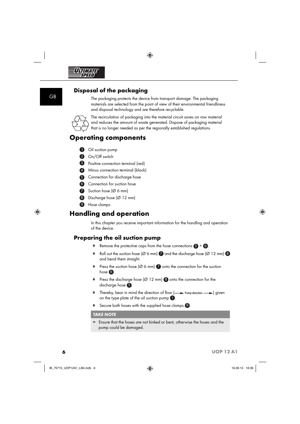 Operating components, Handling and operation, Disposal of the packaging | Preparing the oil suction pump | Ultimate Speed UOP 12 A1 User Manual | Page 9 / 44