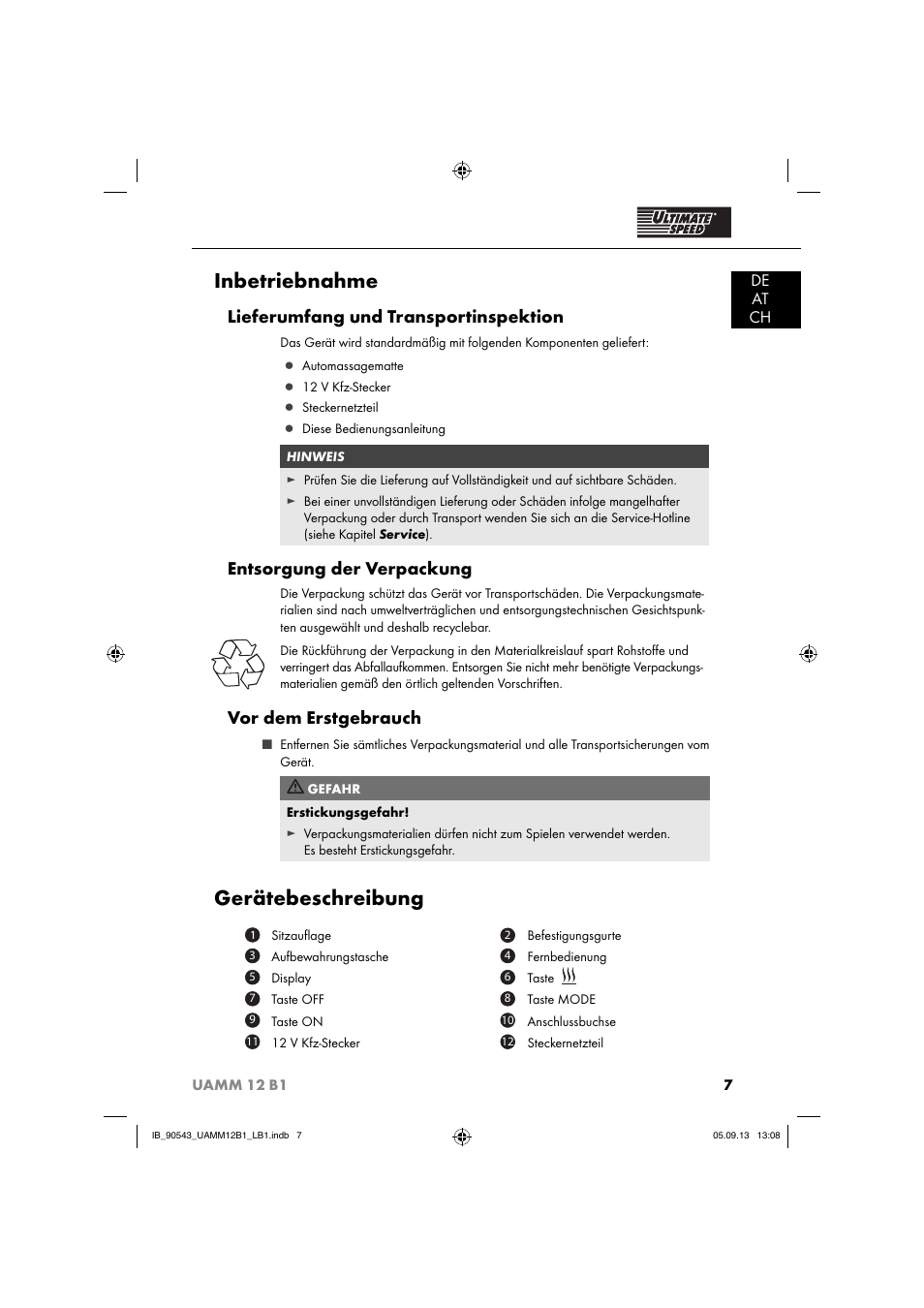 Inbetriebnahme, Gerätebeschreibung, Lieferumfang und transportinspektion | Entsorgung der verpackung, Vor dem erstgebrauch, De at ch | Ultimate Speed UAMM 12 B1 User Manual | Page 10 / 59