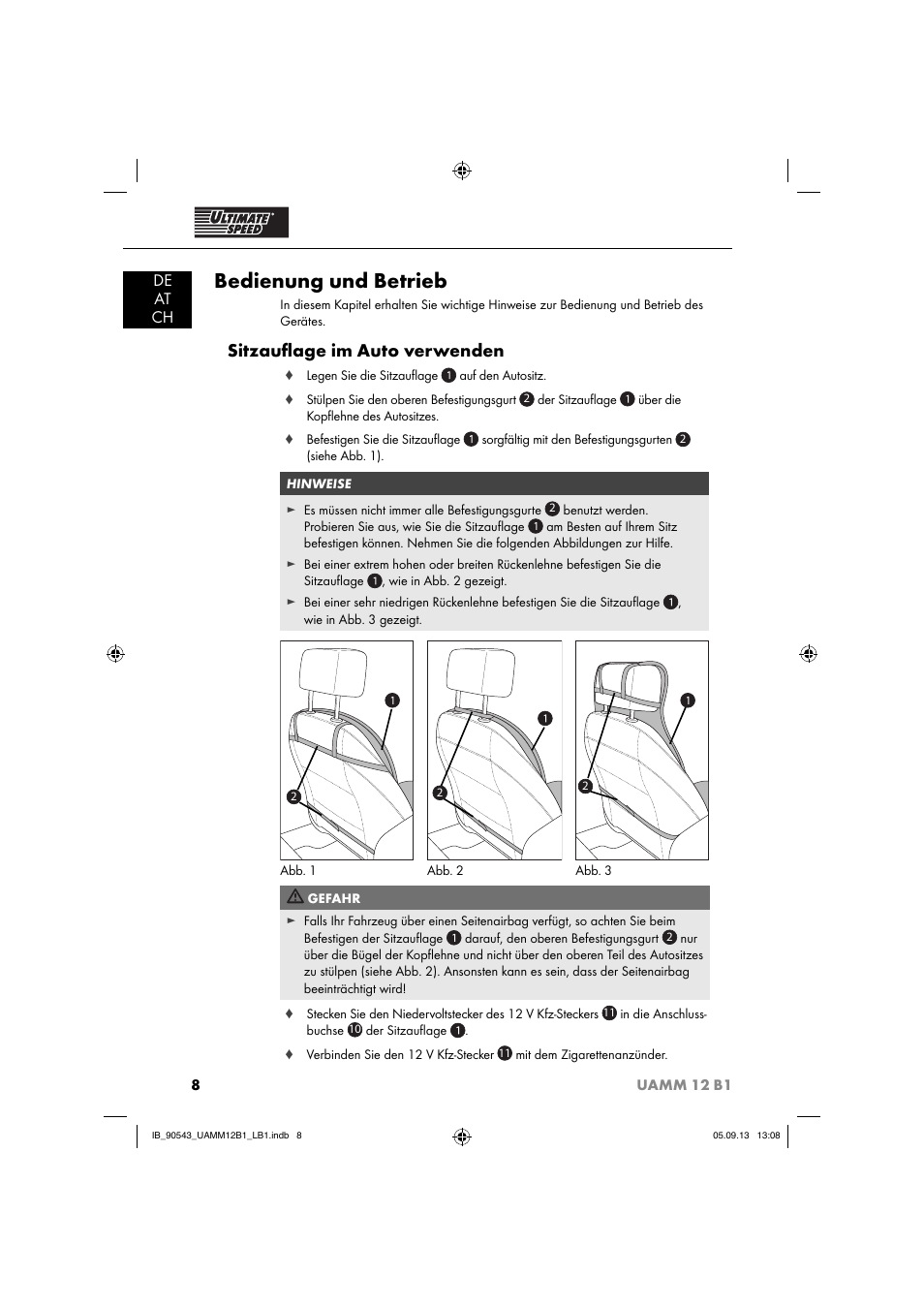 Bedienung und betrieb, Sitzauﬂ age im auto verwenden, De at ch | Ultimate Speed UAMM 12 B1 User Manual | Page 11 / 59