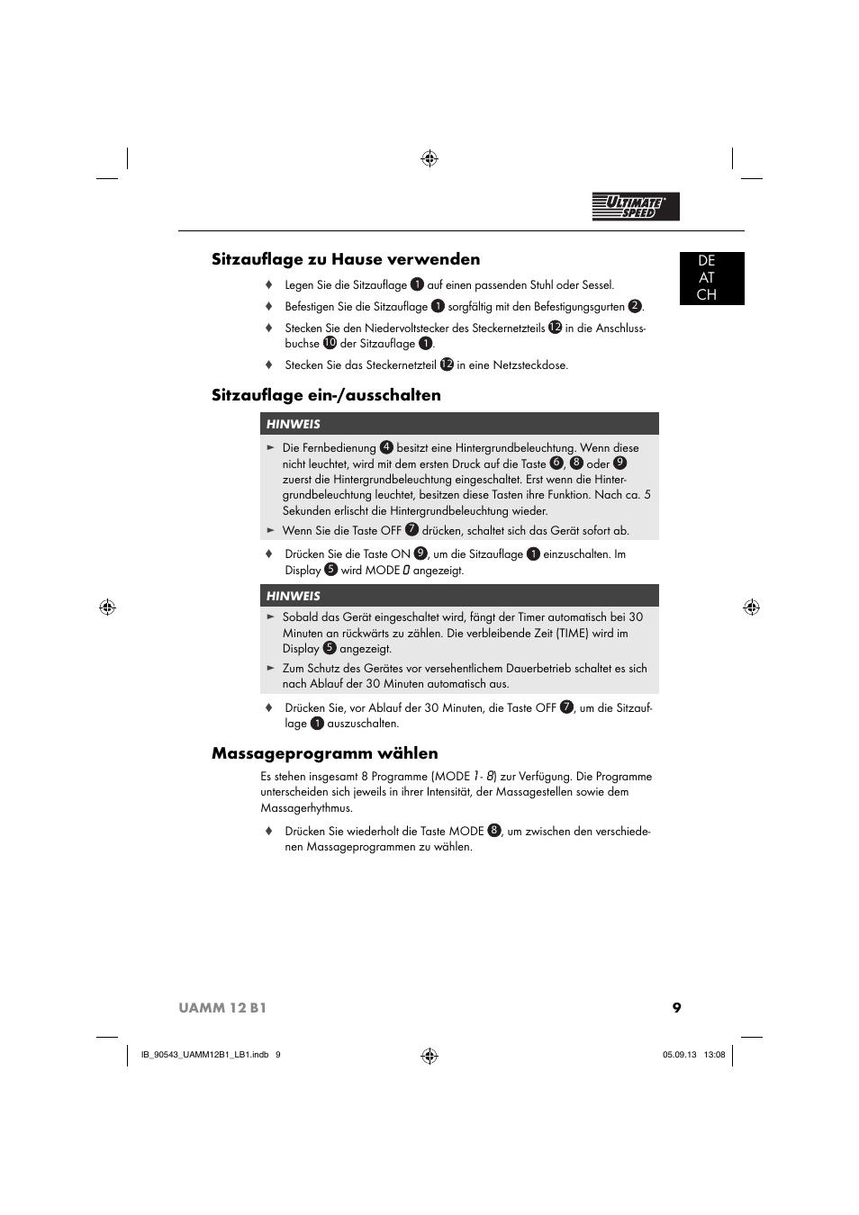 Sitzauﬂ age zu hause verwenden, Sitzauﬂ age ein-/ausschalten, Massageprogramm wählen | De at ch | Ultimate Speed UAMM 12 B1 User Manual | Page 12 / 59