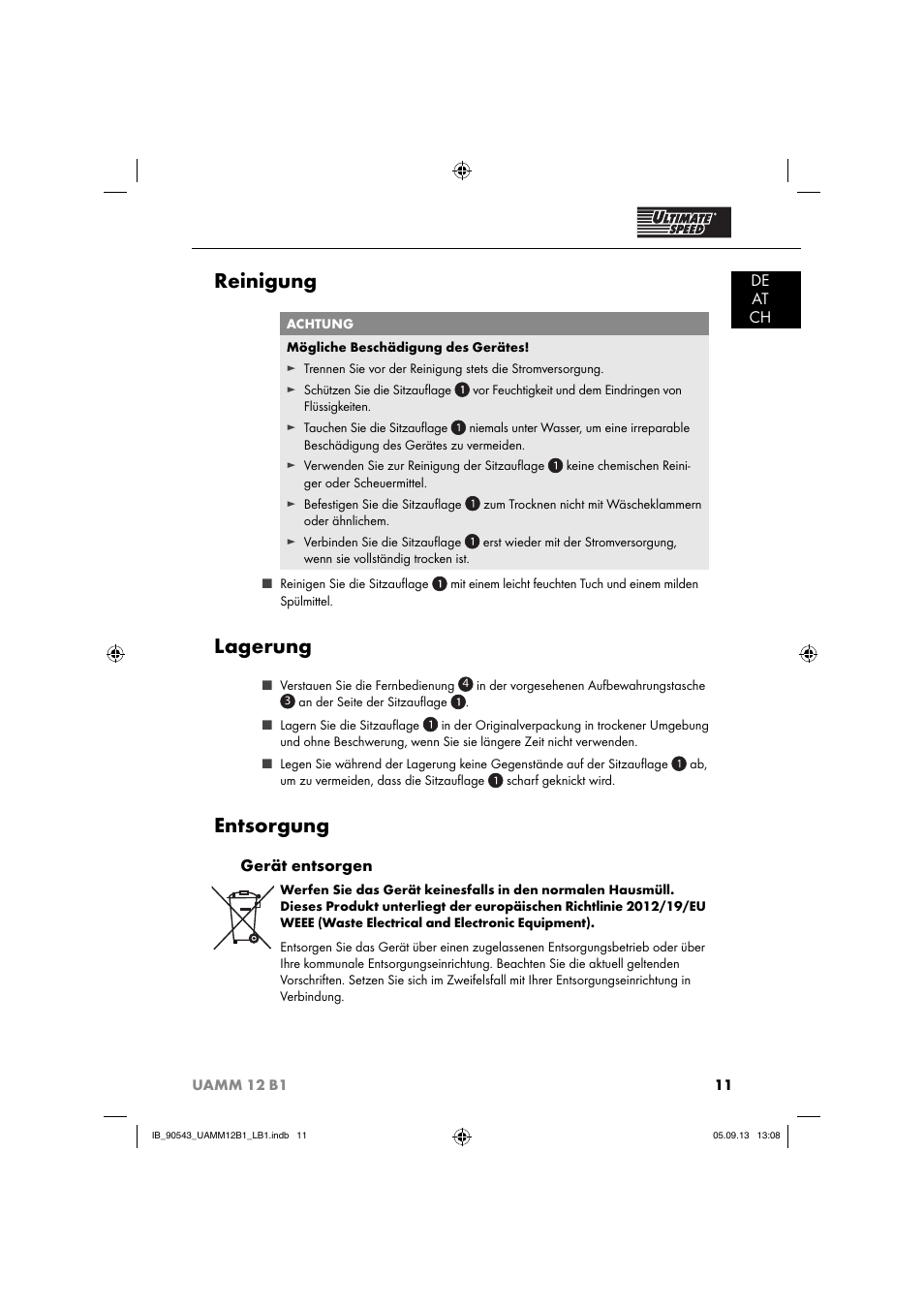 Reinigung, Lagerung, Entsorgung | De at ch, Gerät entsorgen | Ultimate Speed UAMM 12 B1 User Manual | Page 14 / 59