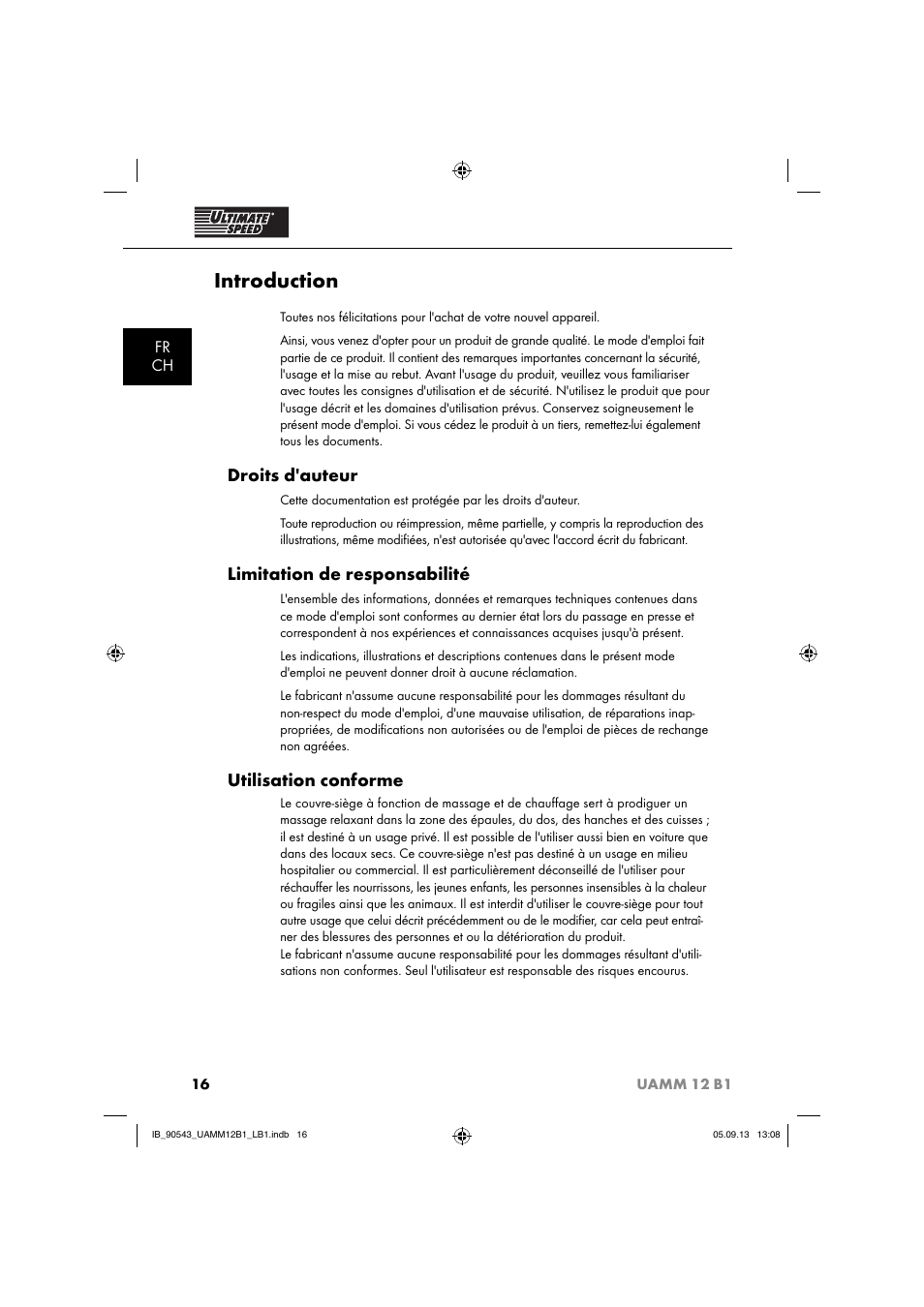 Introduction, Droits d'auteur, Limitation de responsabilité | Utilisation conforme, Fr ch | Ultimate Speed UAMM 12 B1 User Manual | Page 19 / 59