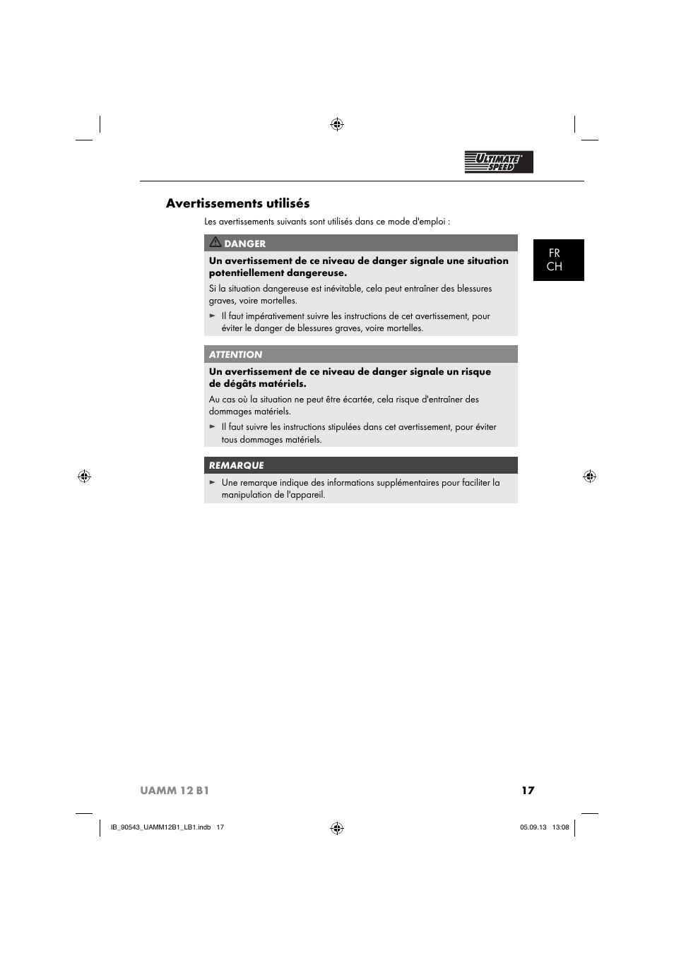 Avertissements utilisés, Fr ch | Ultimate Speed UAMM 12 B1 User Manual | Page 20 / 59