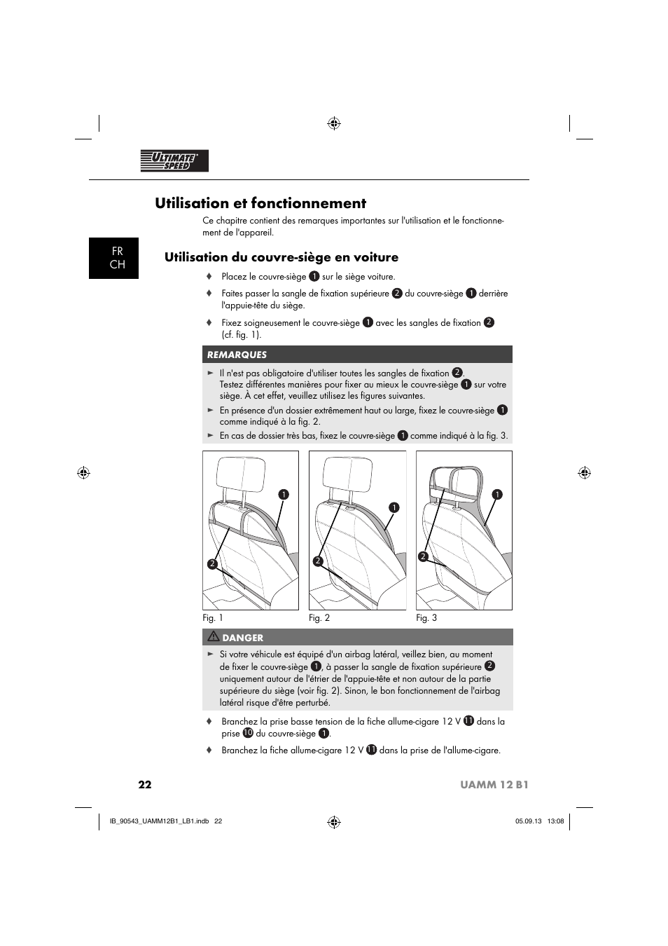 Utilisation et fonctionnement, Utilisation du couvre-siège en voiture, Fr ch | Ultimate Speed UAMM 12 B1 User Manual | Page 25 / 59