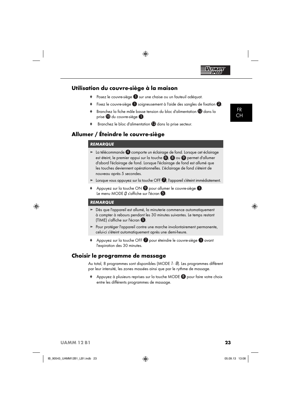 Utilisation du couvre-siège à la maison, Allumer / éteindre le couvre-siège, Choisir le programme de massage | Fr ch | Ultimate Speed UAMM 12 B1 User Manual | Page 26 / 59