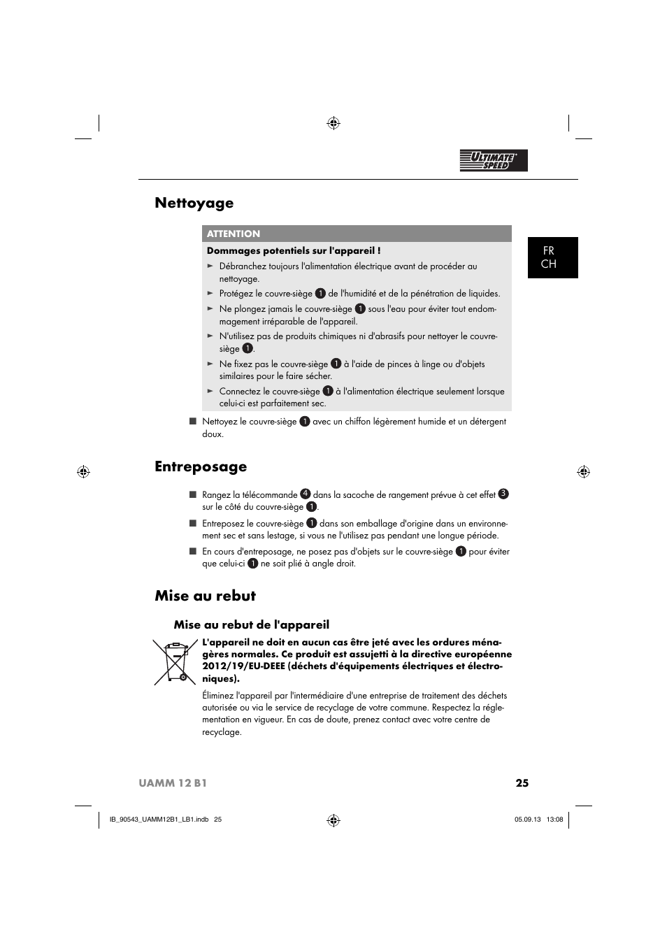 Nettoyage, Entreposage, Mise au rebut | Fr ch, Mise au rebut de l'appareil | Ultimate Speed UAMM 12 B1 User Manual | Page 28 / 59