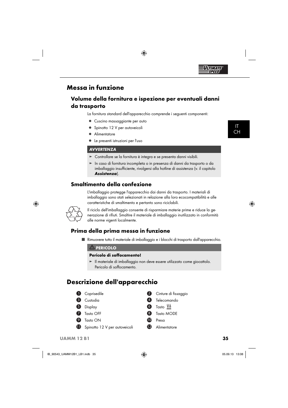 Messa in funzione, Descrizione dell'apparecchio, Smaltimento della confezione | Prima della prima messa in funzione, It ch | Ultimate Speed UAMM 12 B1 User Manual | Page 38 / 59