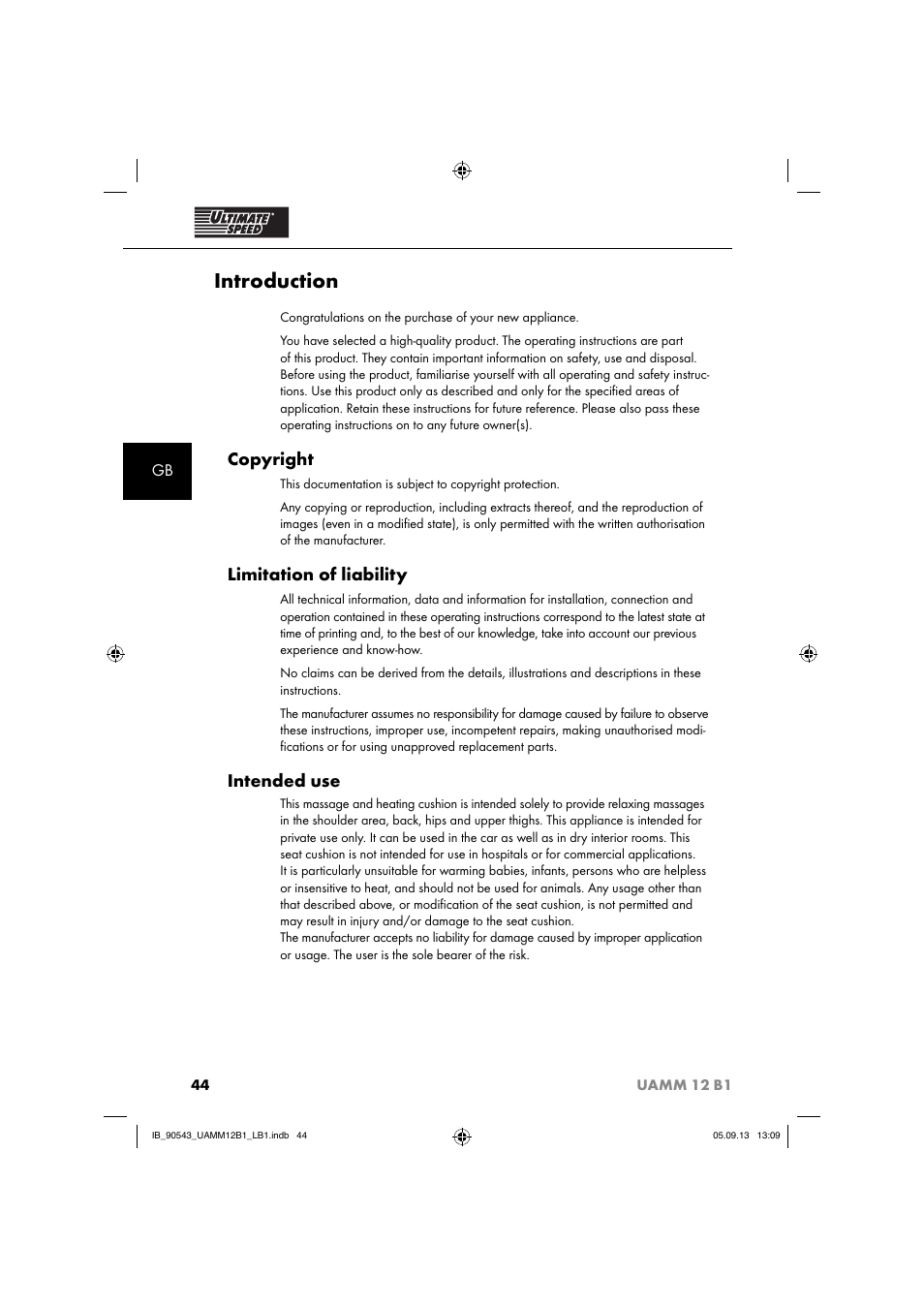 Introduction, Copyright, Limitation of liability | Intended use | Ultimate Speed UAMM 12 B1 User Manual | Page 47 / 59