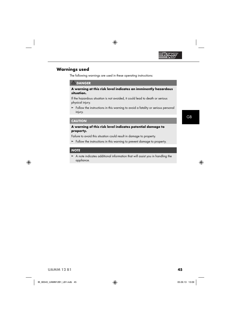 Warnings used | Ultimate Speed UAMM 12 B1 User Manual | Page 48 / 59