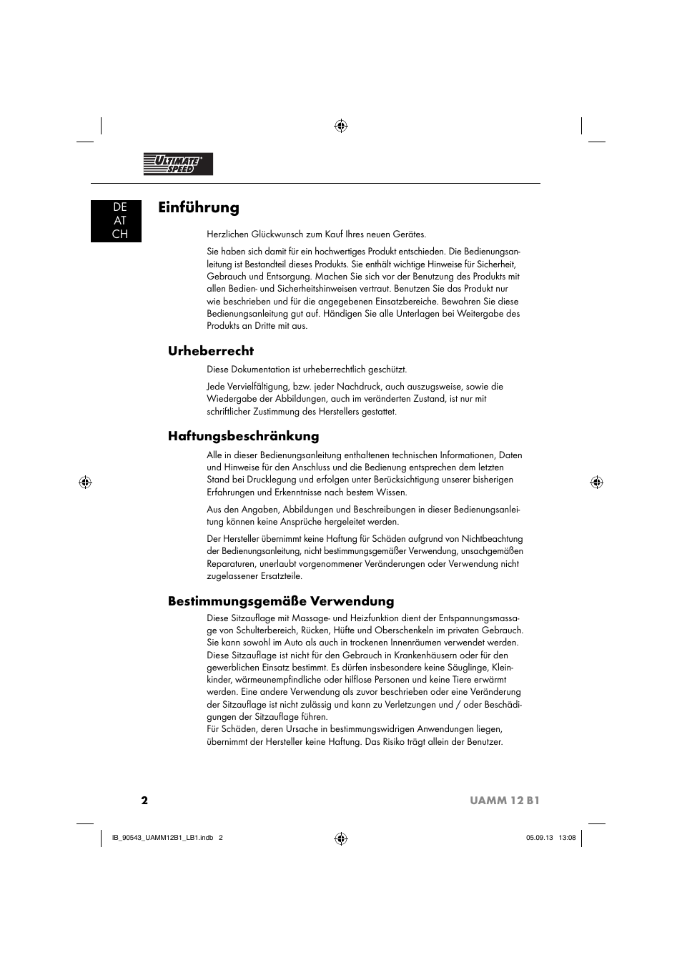 Einführung, Urheberrecht, Haftungsbeschränkung | Bestimmungsgemäße verwendung, De at ch | Ultimate Speed UAMM 12 B1 User Manual | Page 5 / 59