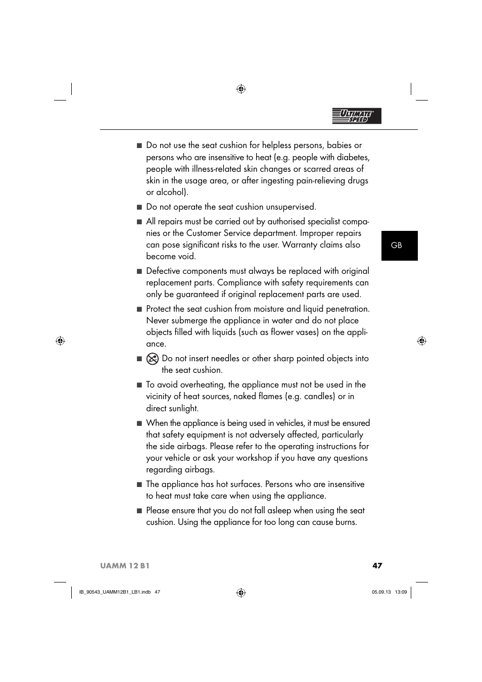 Do not operate the seat cushion unsupervised, Naked ﬂ ames (e.g. candles) or in direct sunlight | Ultimate Speed UAMM 12 B1 User Manual | Page 50 / 59