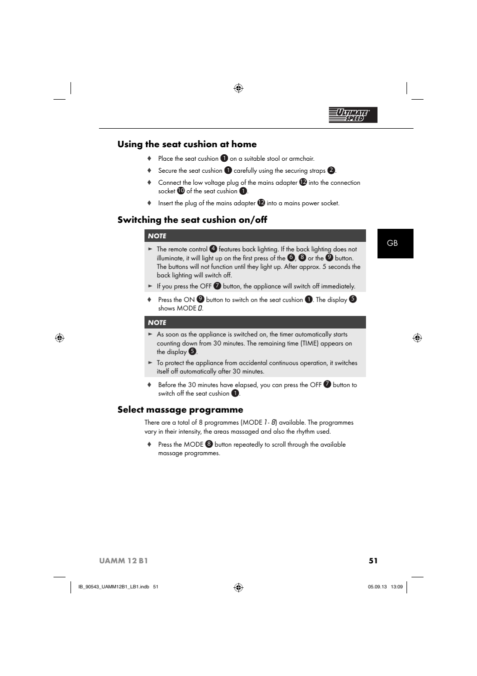 Using the seat cushion at home, Switching the seat cushion on/oﬀ, Select massage programme | Ultimate Speed UAMM 12 B1 User Manual | Page 54 / 59
