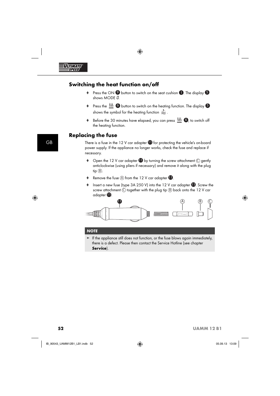 Switching the heat function on/oﬀ, Replacing the fuse | Ultimate Speed UAMM 12 B1 User Manual | Page 55 / 59