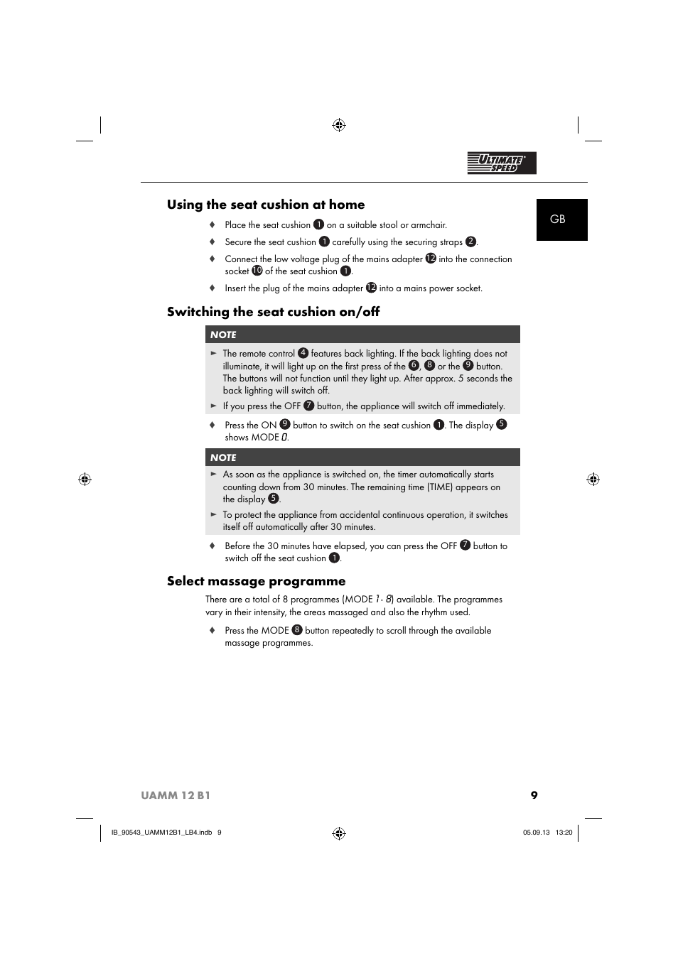 Using the seat cushion at home, Switching the seat cushion on/oﬀ, Select massage programme | Ultimate Speed UAMM 12 B1 User Manual | Page 12 / 87