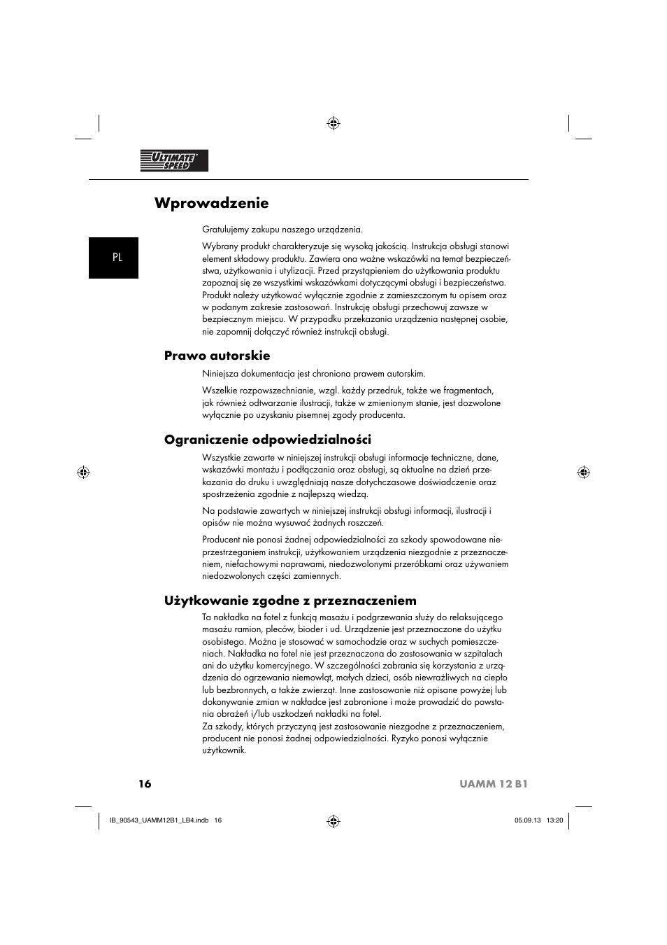 Wprowadzenie, Prawo autorskie, Ograniczenie odpowiedzialności | Użytkowanie zgodne z przeznaczeniem | Ultimate Speed UAMM 12 B1 User Manual | Page 19 / 87